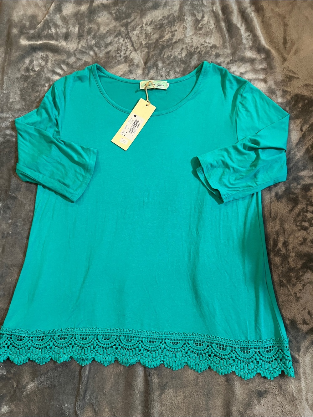 Southern Grace Teal Crochet-Hem Scoop Neck Top